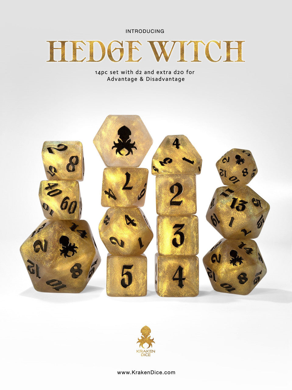 Hedge Witch: Gold Shimmer 14pc Black Ink Dice Set